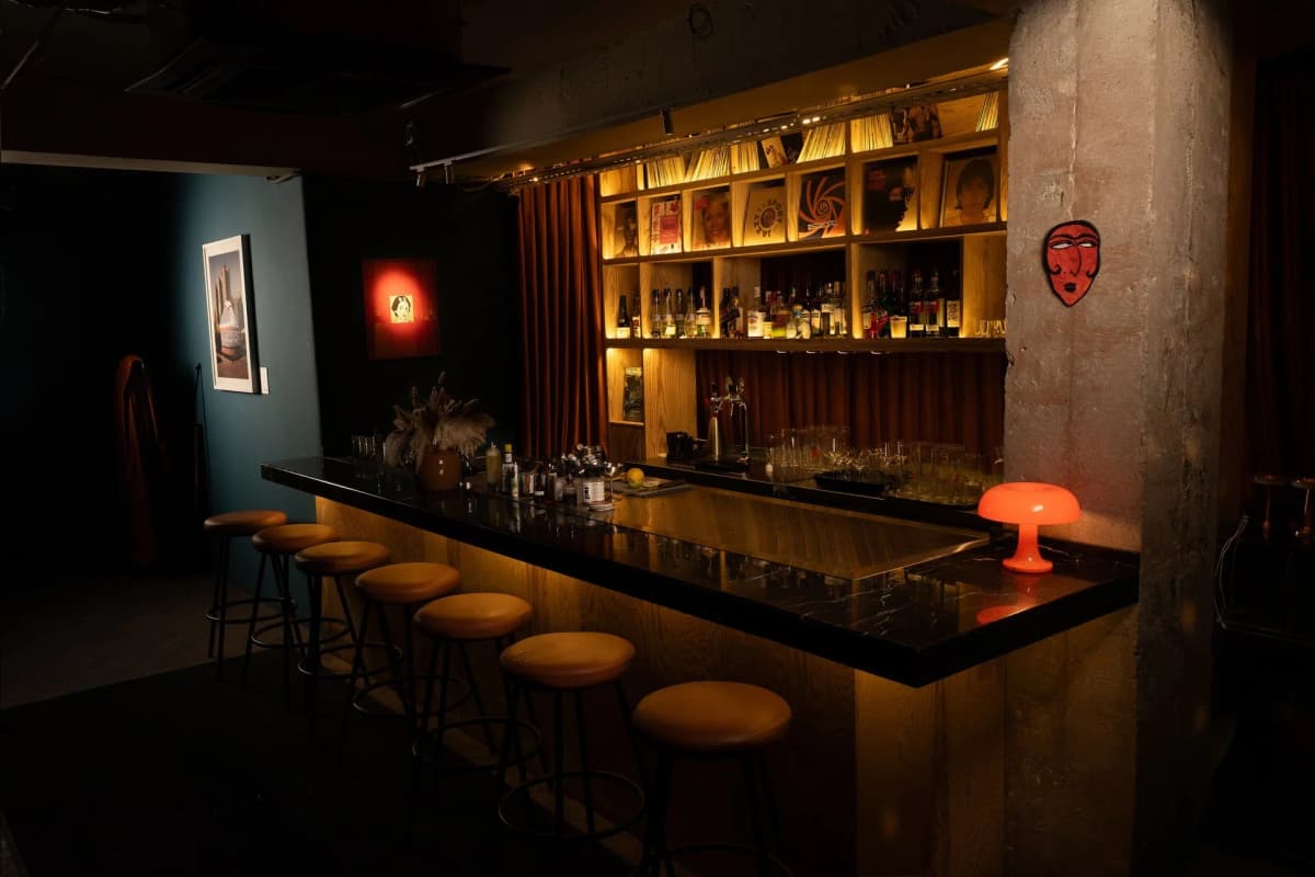 The BUL BAR back bar at night — shelves of vinyl records lit above the bottles, stools along the counter